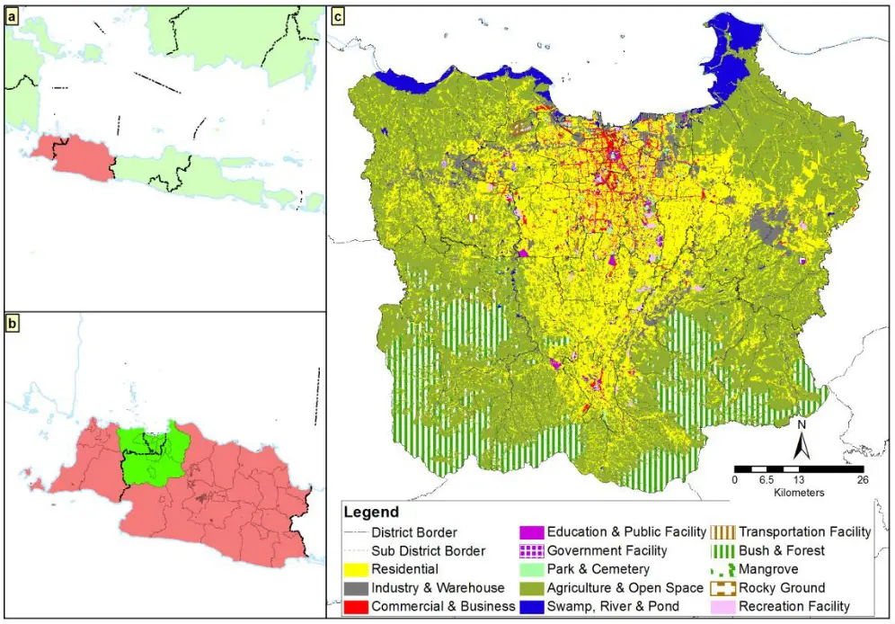 Fig. 1. (a) orientation map of Jawa Island; (b) orientation map of Jabodetabek; (c) land use map of Jabodetabek, 2010